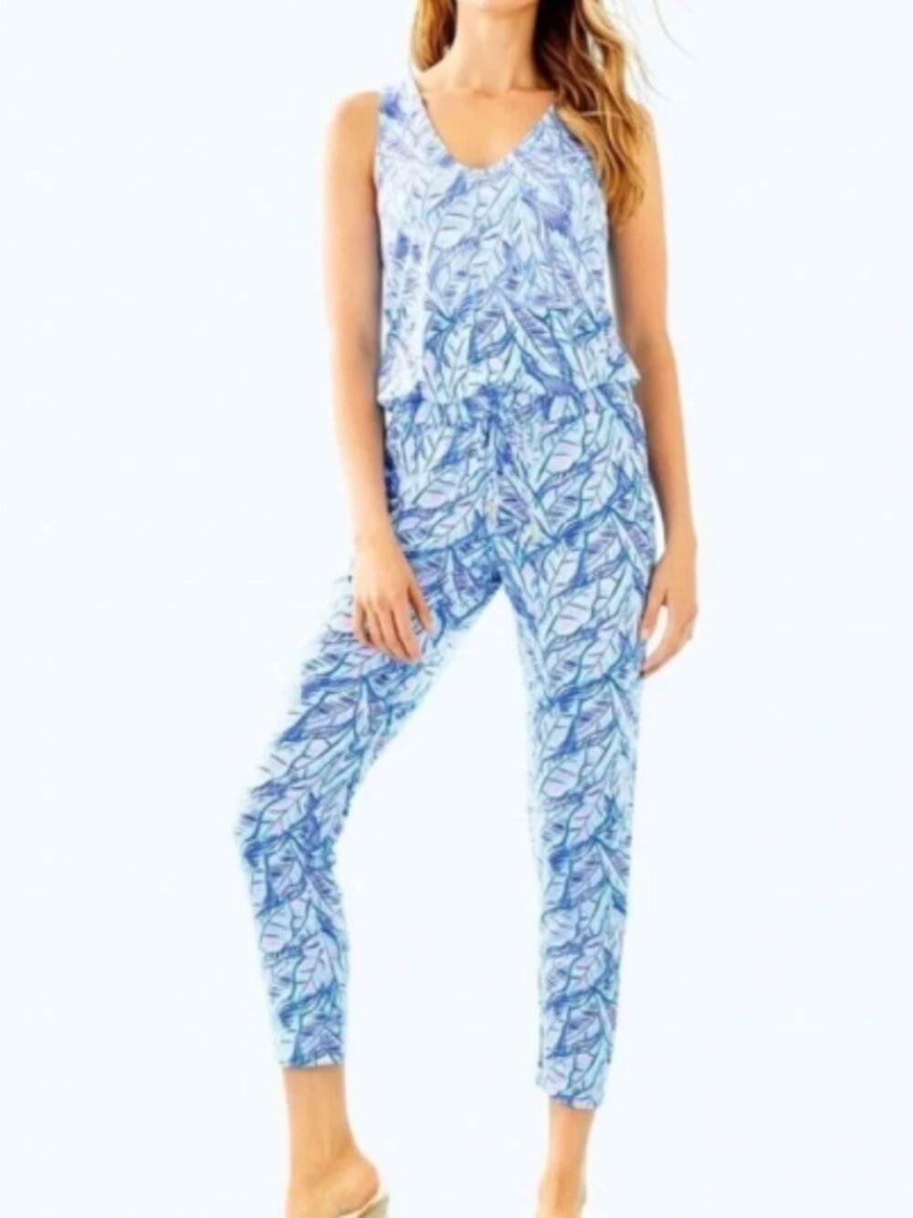 Lilly Pulitzer Paulina Jumpsuit Blue Lets Mango Leaf Stretch Tank Top Size XS